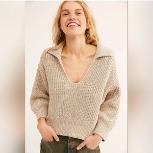 FREE PEOPLE Love This City Collared Sweater Cropped Oversized‎ Beige Women's Sm